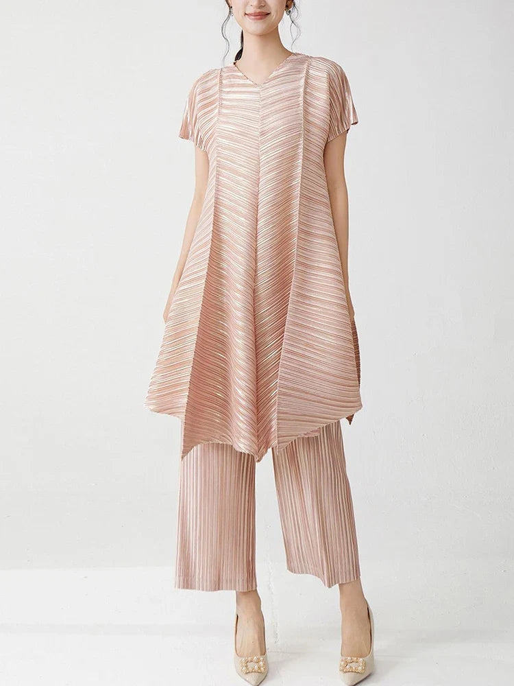 Gold Flowy Pleated Pant & Top Set