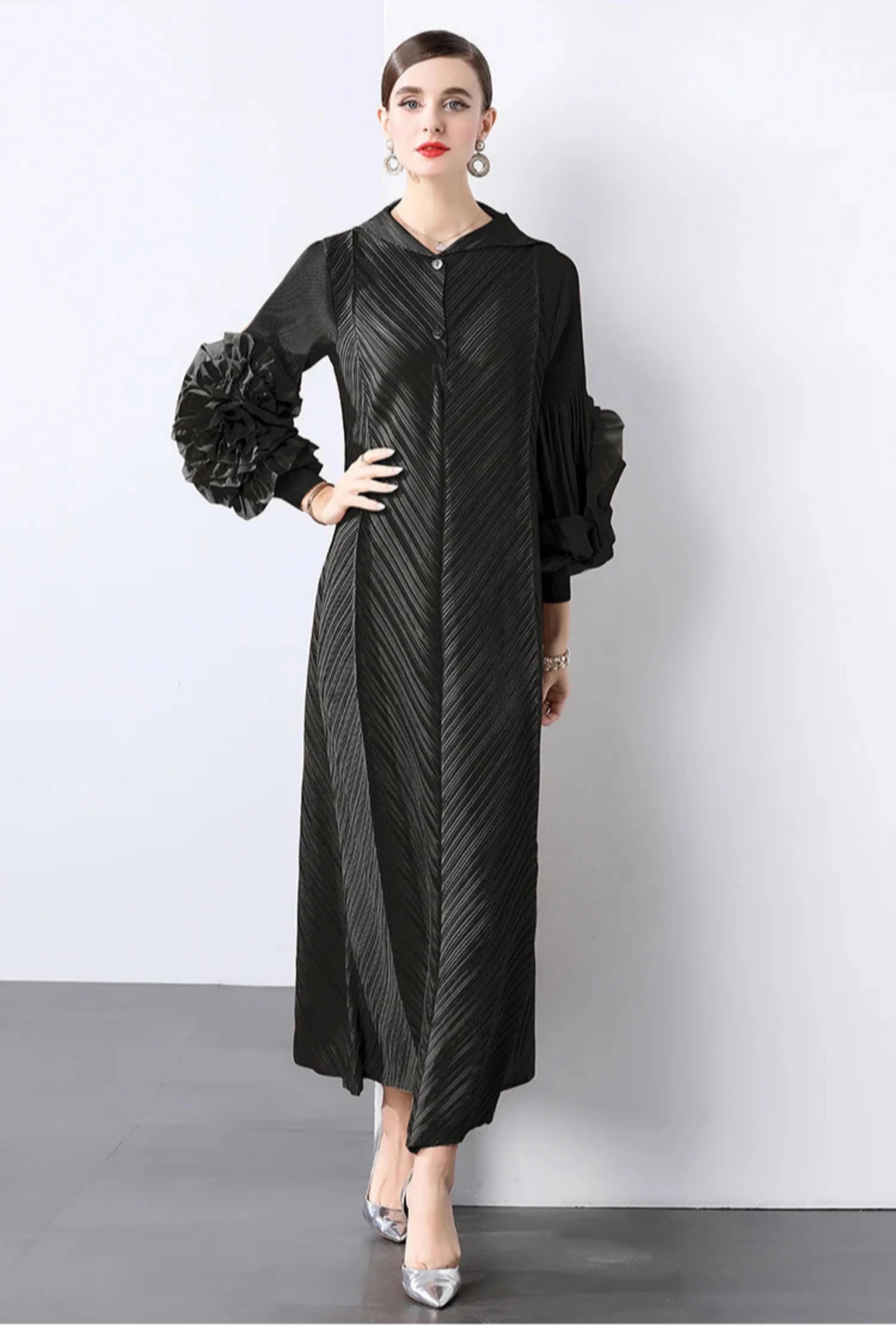 Plissé Pleated Long Sleeve Dress