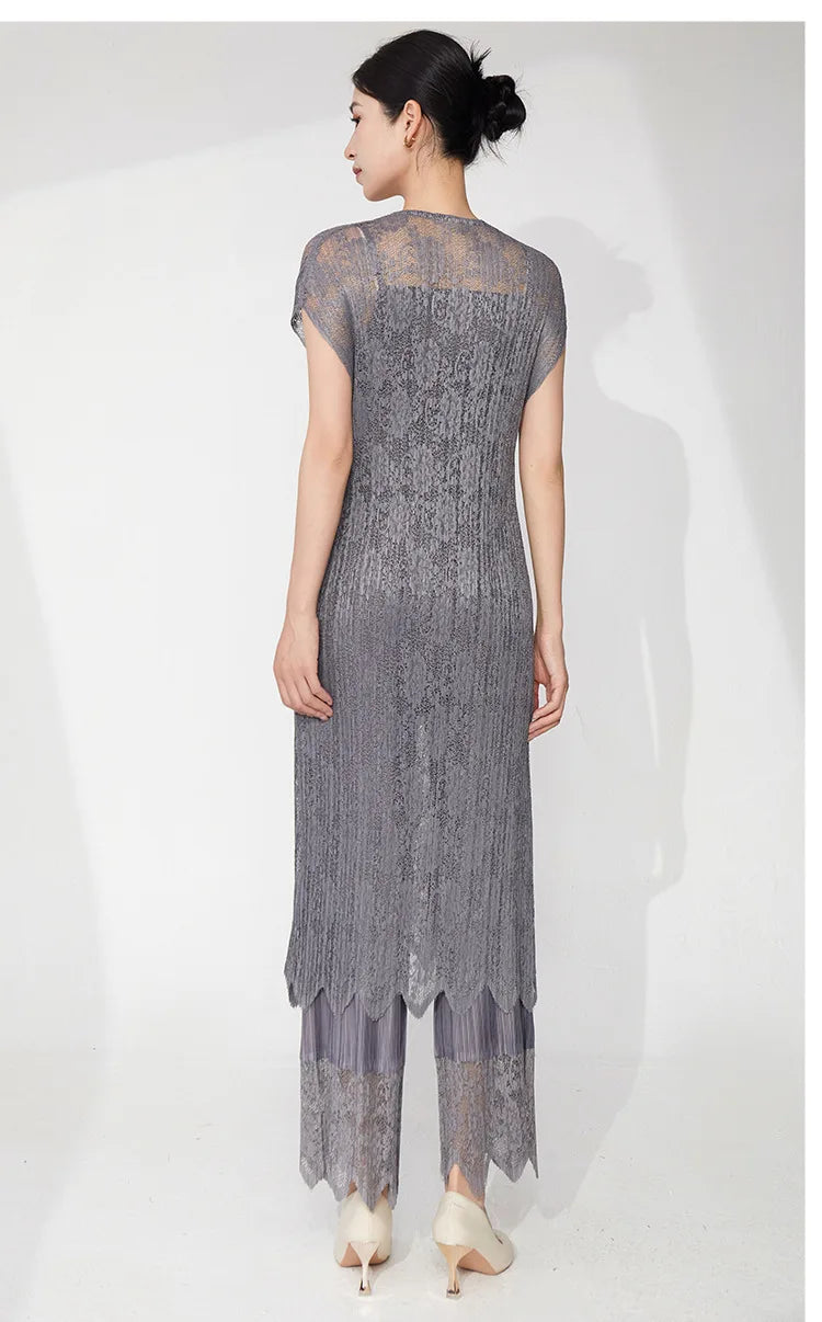 Lace Pleated Pant Suit 2-Piece Set