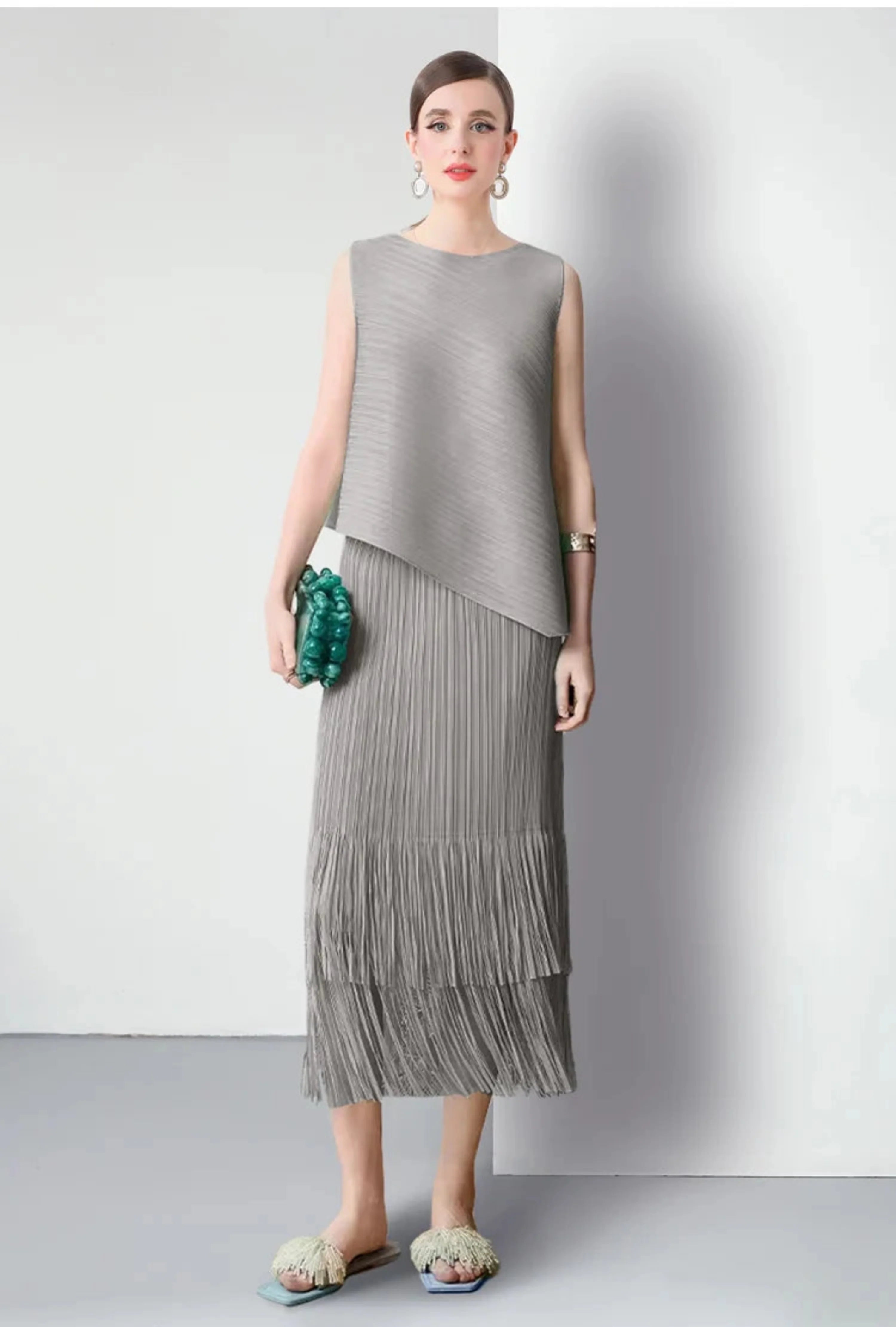 Luxury Plissé Pleated Tassel Skirt Set
