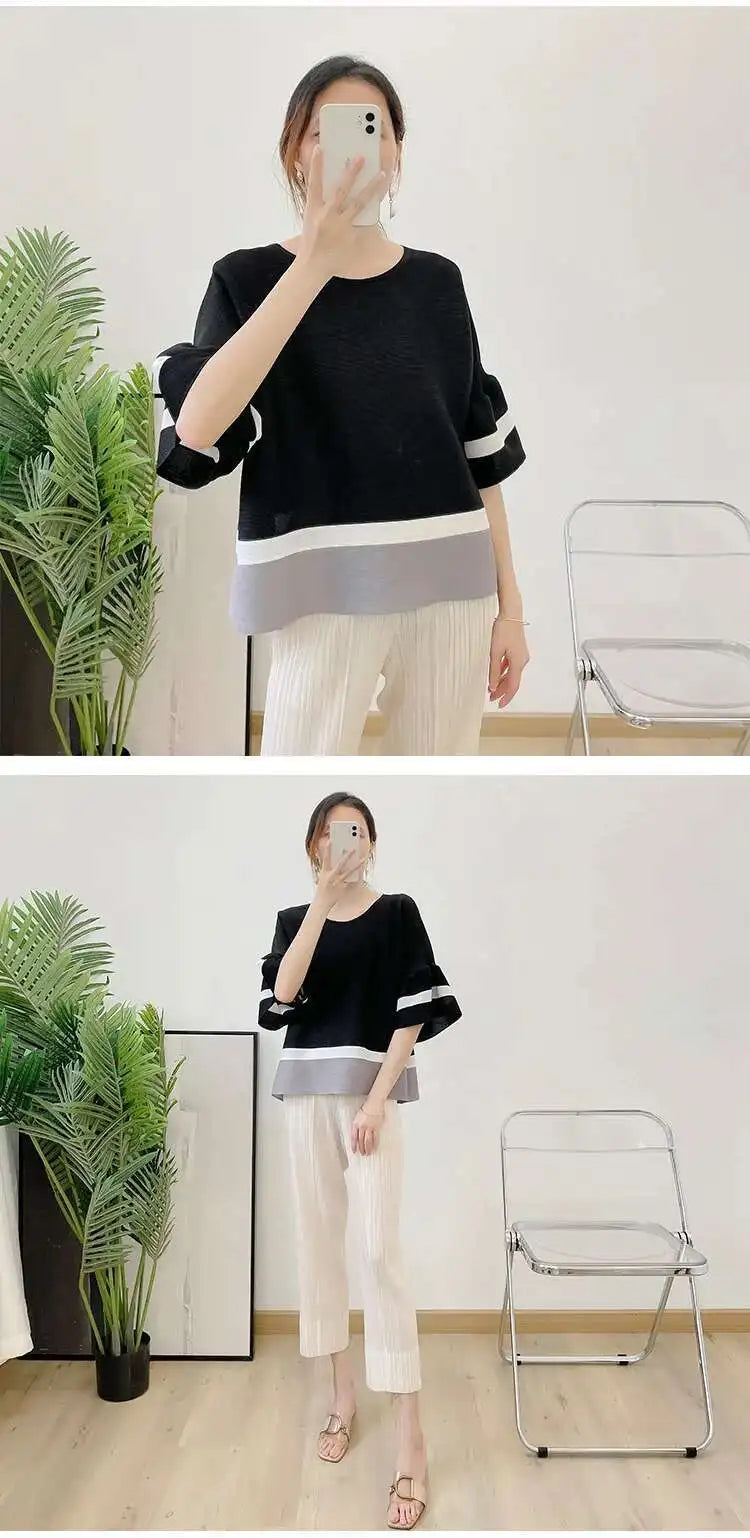 Truly Pleated Stripe 3/4 Sleeve Top