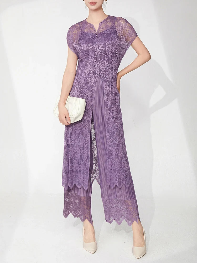 Lace Pleated Pant Suit 2-Piece Set