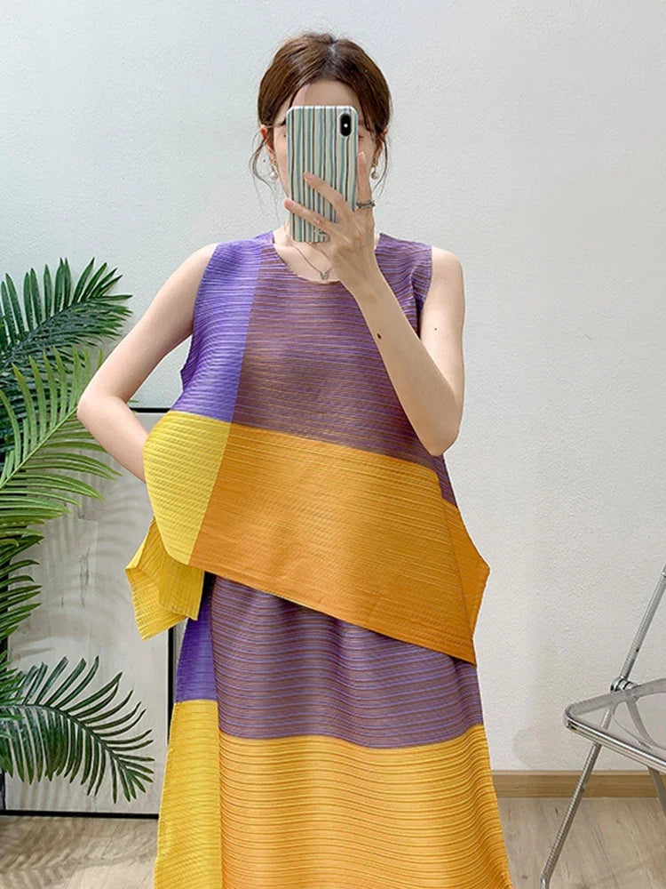 Asymmetric Pleated Sleeveless Top & Skirt