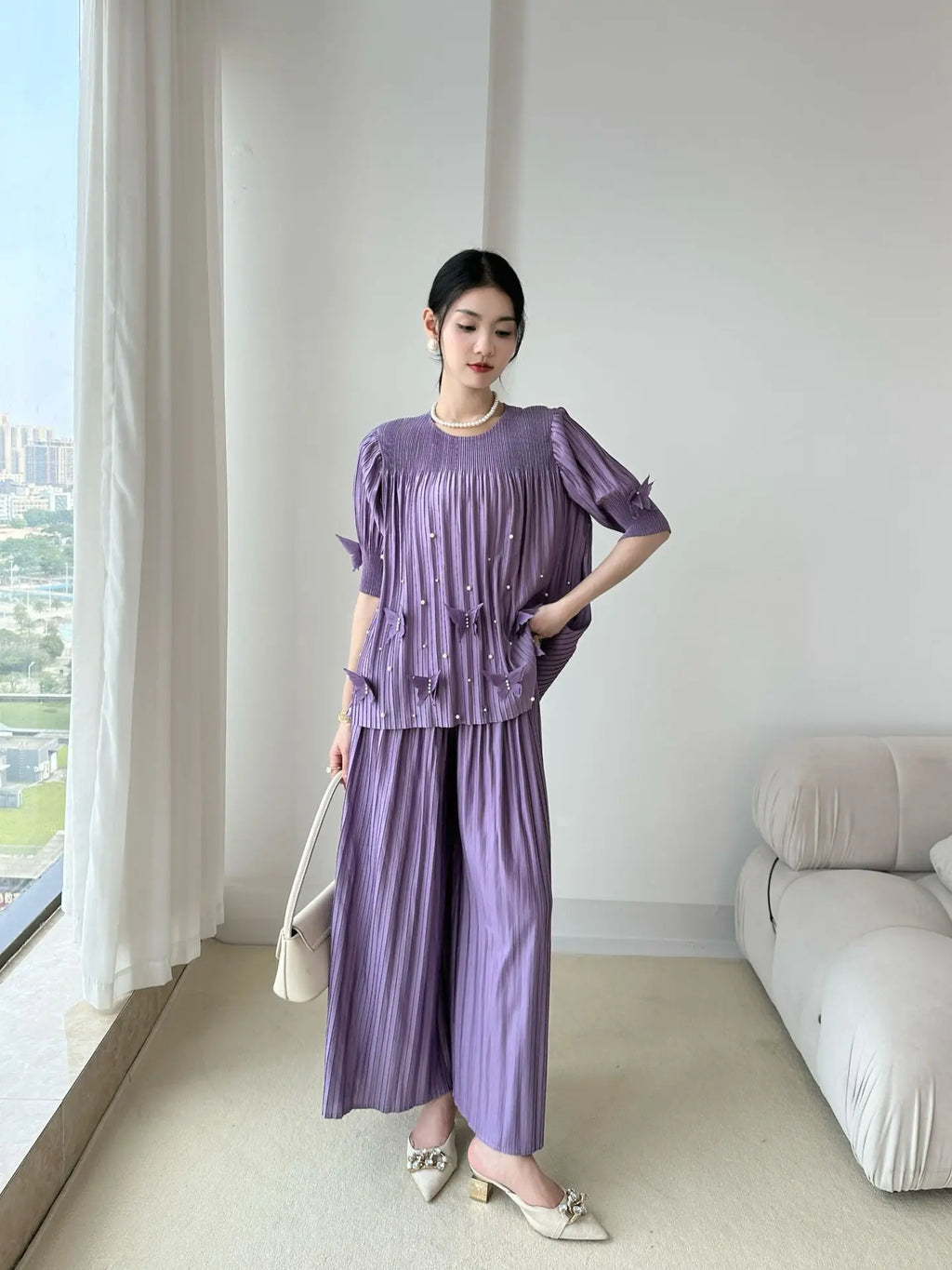 Plissé Beaded 2-Piece Trouser Set