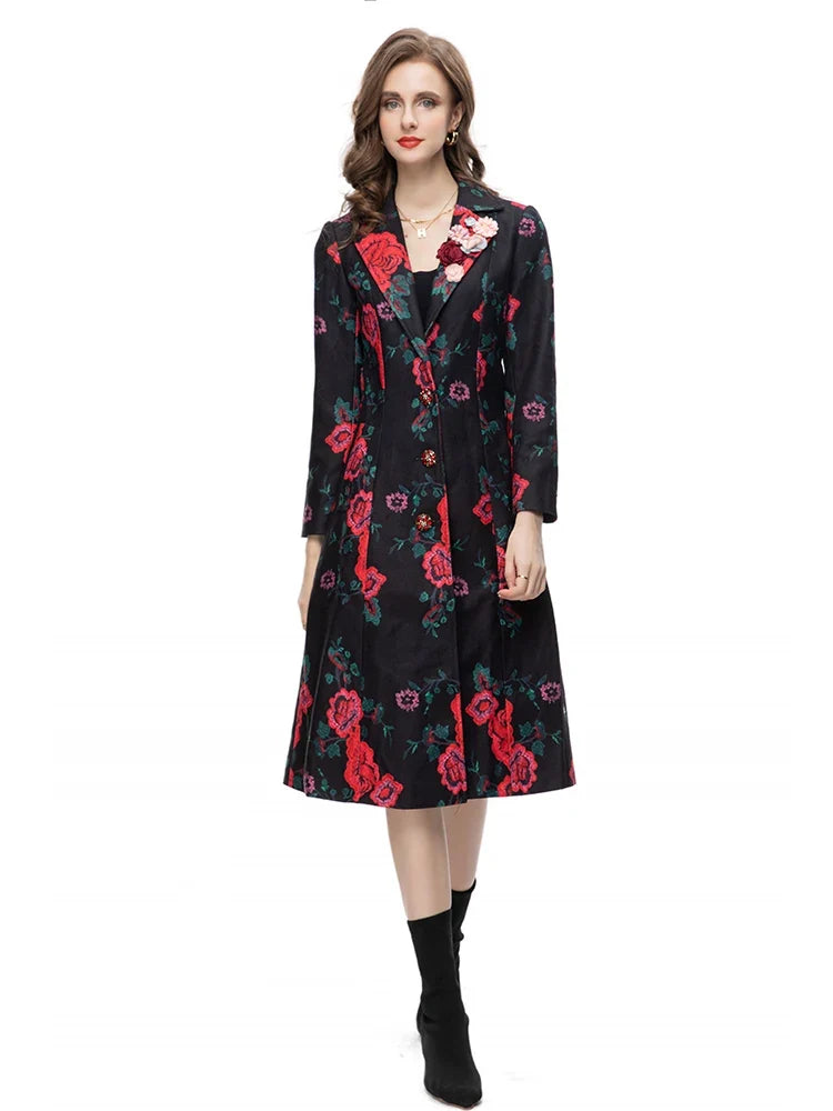 Women's Slim Fit Black Floral Rose Trench Coat