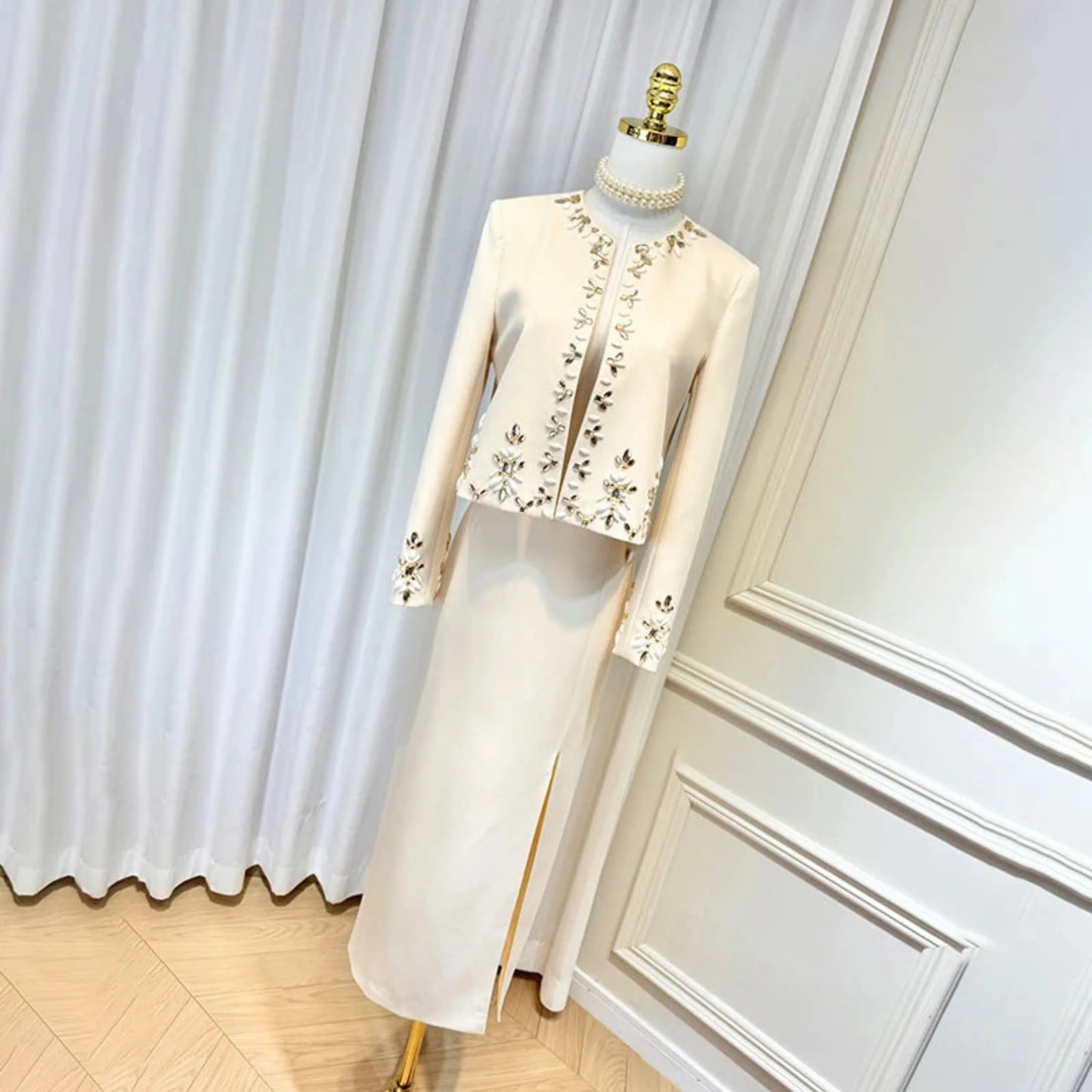 Elegant Crystal Maxi Skirt Suit Set