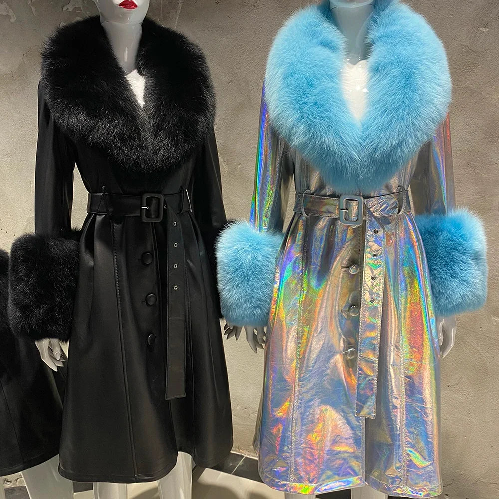 Women's Leather Coat with Fur Collar & Cuffs