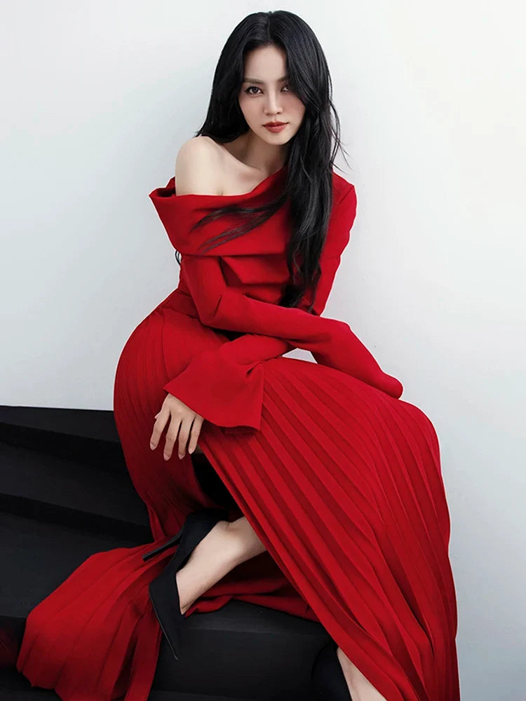 Asymmetric Long Sleeve Off-Shoulder Slit Dress