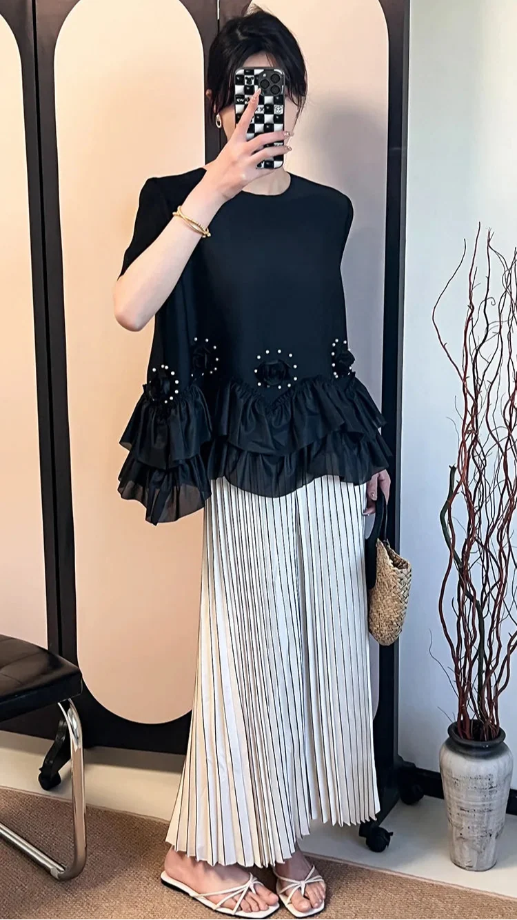 Floral Plissé Ruffle Blouse Top