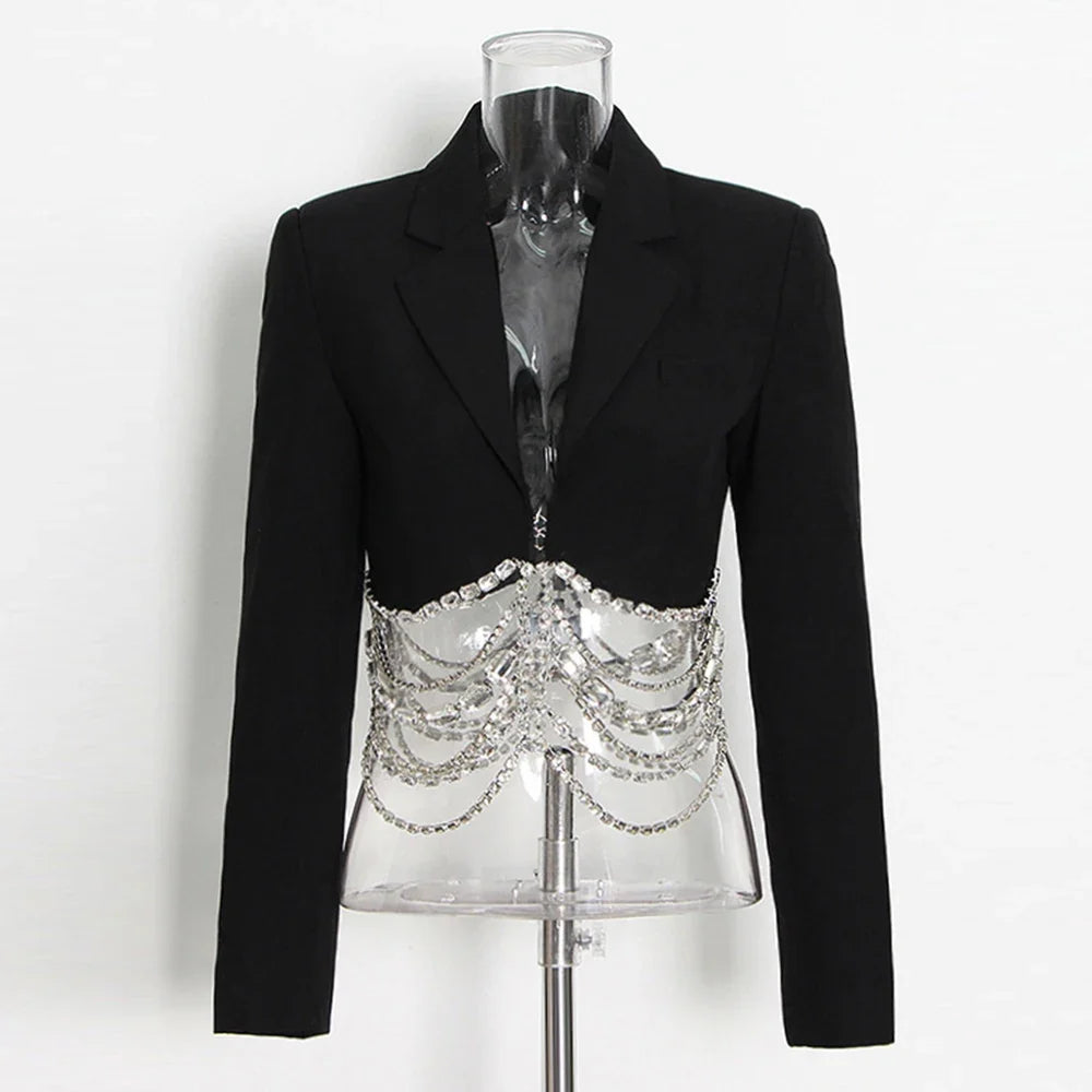 Slim Fit Cropped Blazer with Crystal Chain