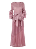 High-End Pleated Midi Skirt Set - Statement Sleeves