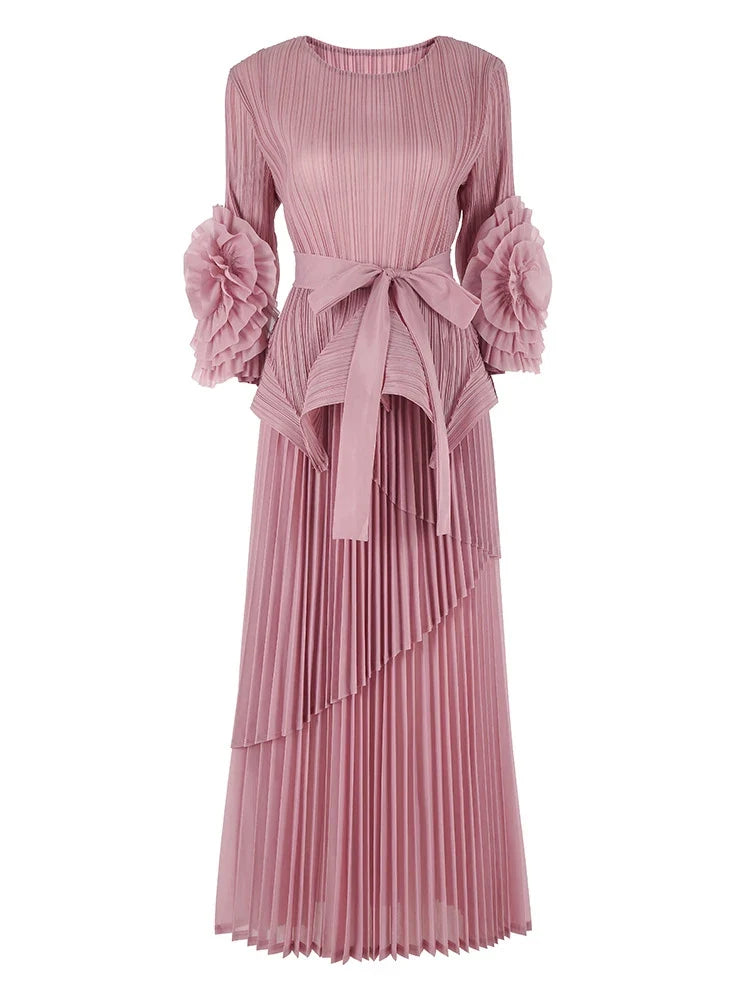 High-End Pleated Midi Skirt Set - Statement Sleeves