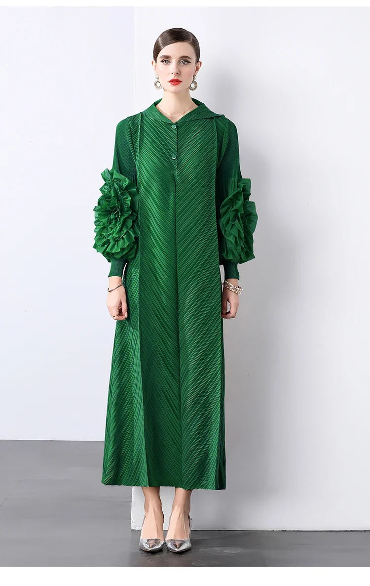 Plissé Pleated Long Sleeve Dress