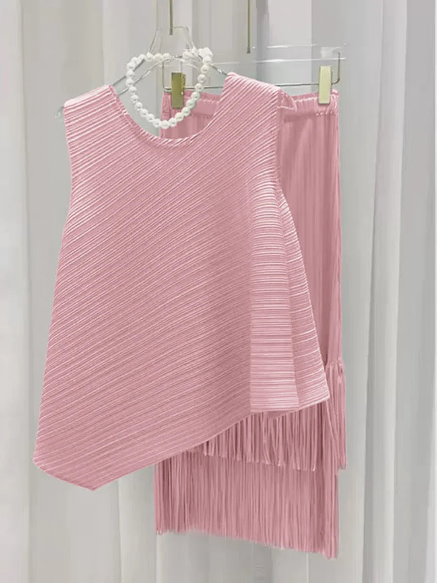 Luxury Plissé Pleated Tassel Skirt Set