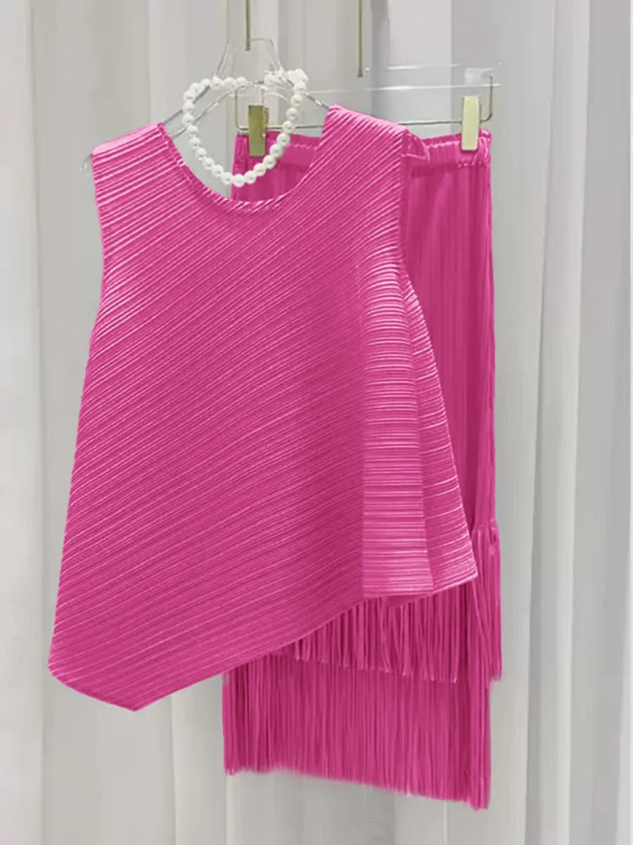Luxury Plissé Pleated Tassel Skirt Set