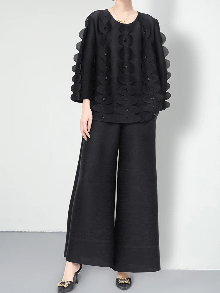 Casual Pleated Wide-Leg Trouser Set
