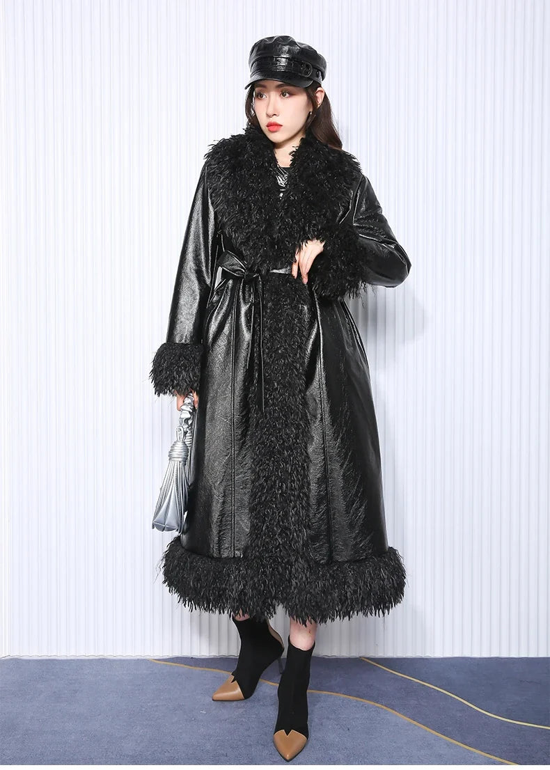 Couture Vegan Leather Trench with Shaggy Fur