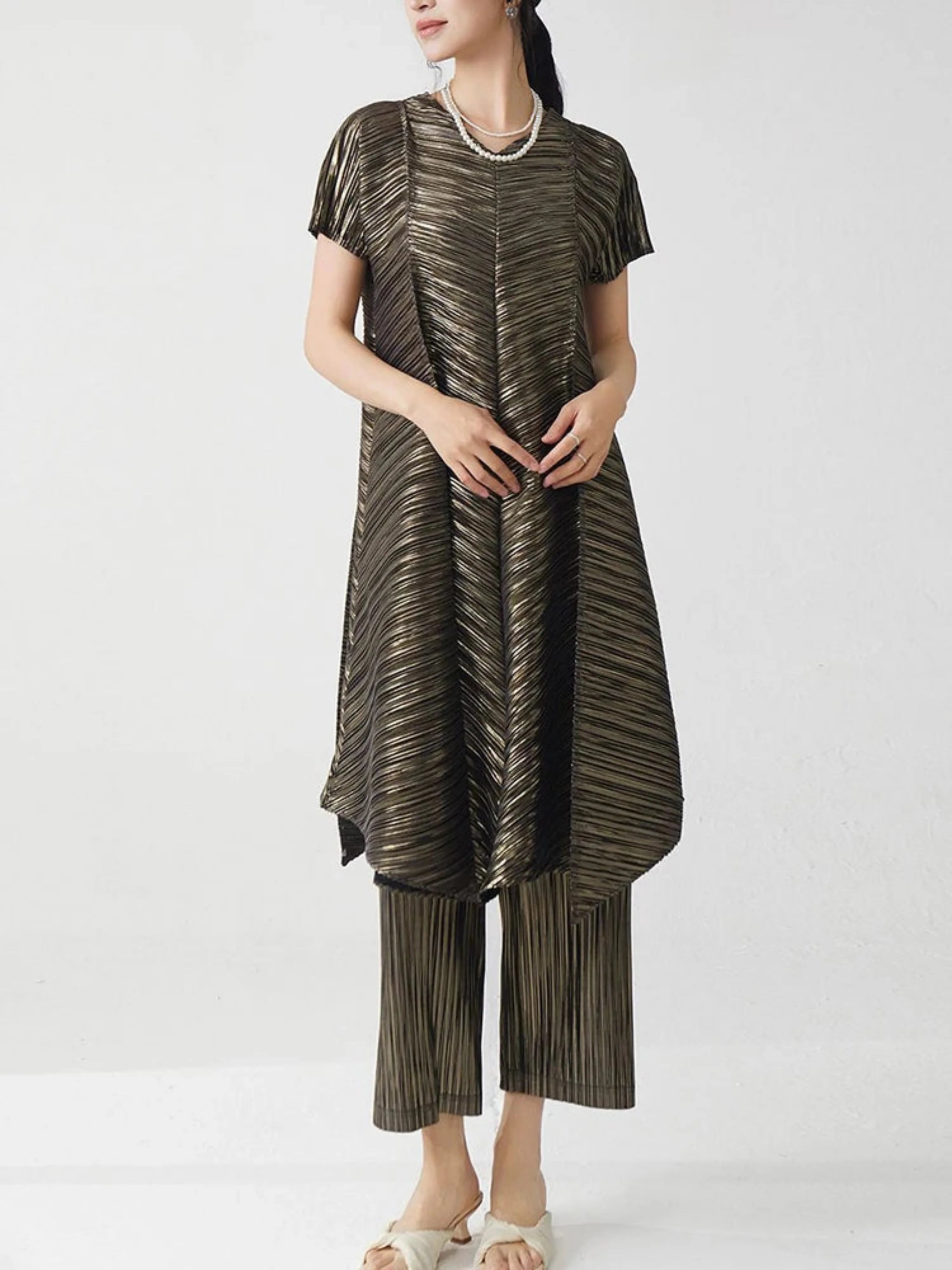 Gold Flowy Pleated Pant & Top Set