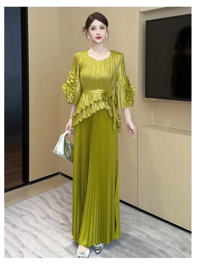 Pleated Metallic Top and Skirt Evening Formal Set