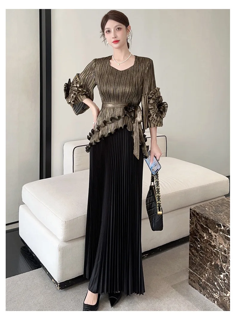 Pleated Metallic Top and Skirt Evening Formal Set