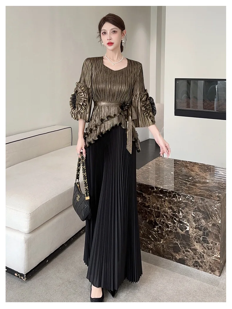 Pleated Metallic Top and Skirt Evening Formal Set