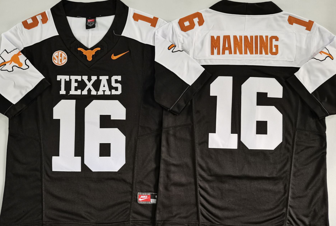 Texas Longhorns Black+White #16 MANNING Stitched Jeresy