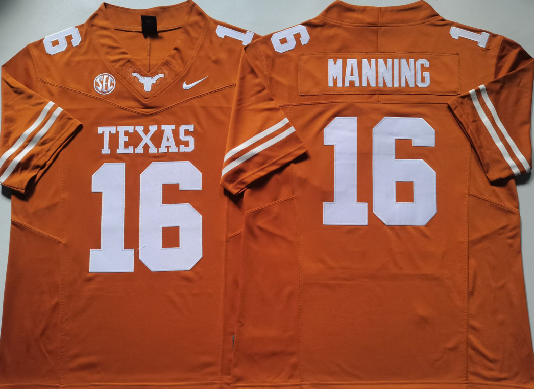 Texas Longhorns Yellow #16 MANNING Stitched Jeresy