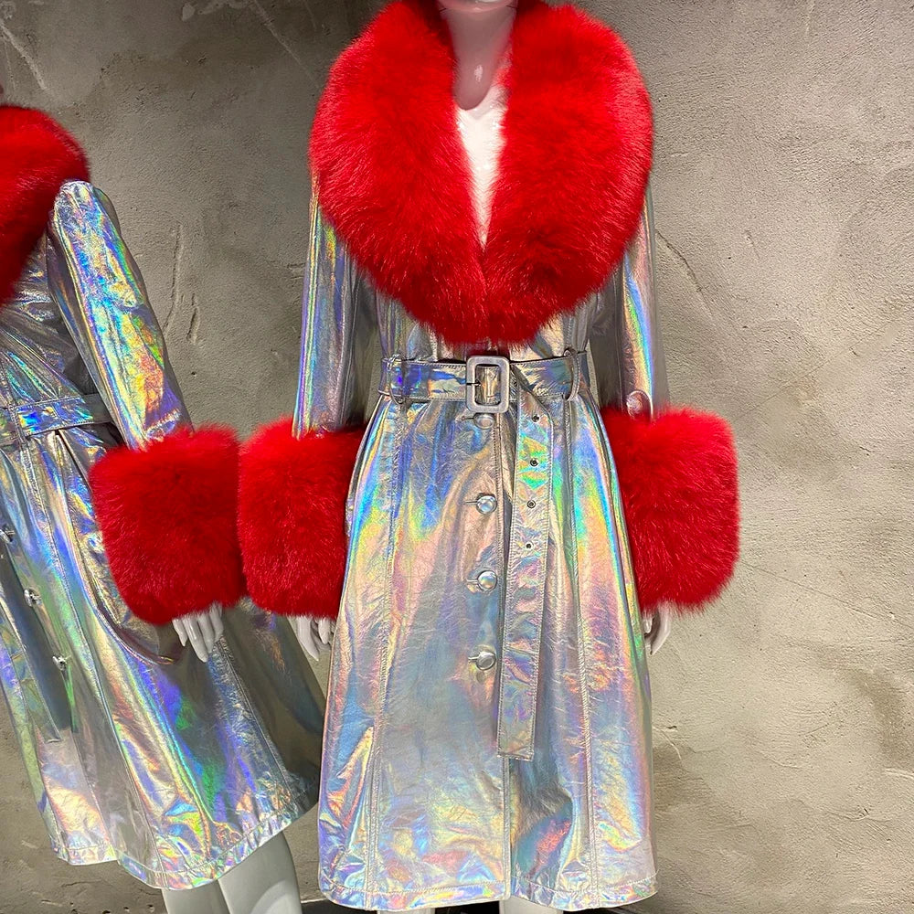 Women's Leather Coat with Fur Collar & Cuffs