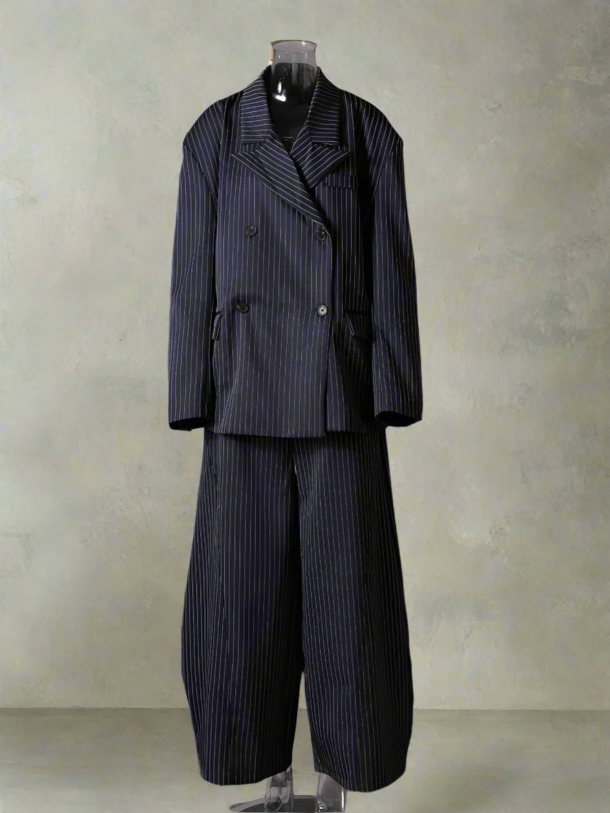 Women's Pinstripe Suit Set - Comfortable Elastic Waistband