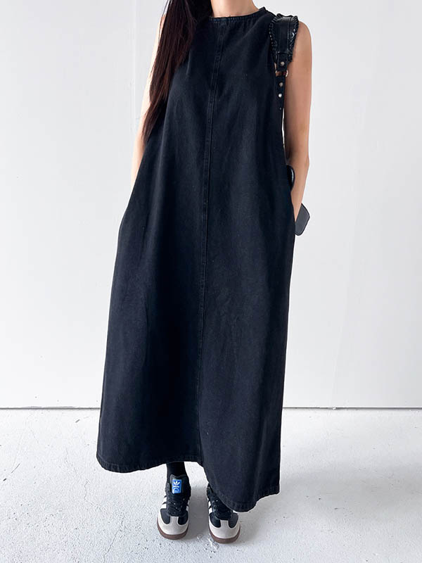 A-Line Loose Pockets Solid Color Tied Round-Neck Maxi Dresses