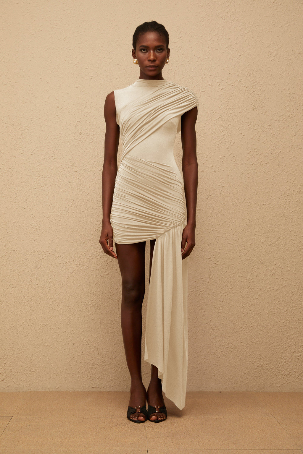 Fée Neutral Asymmetrical Ruched Mini Dress