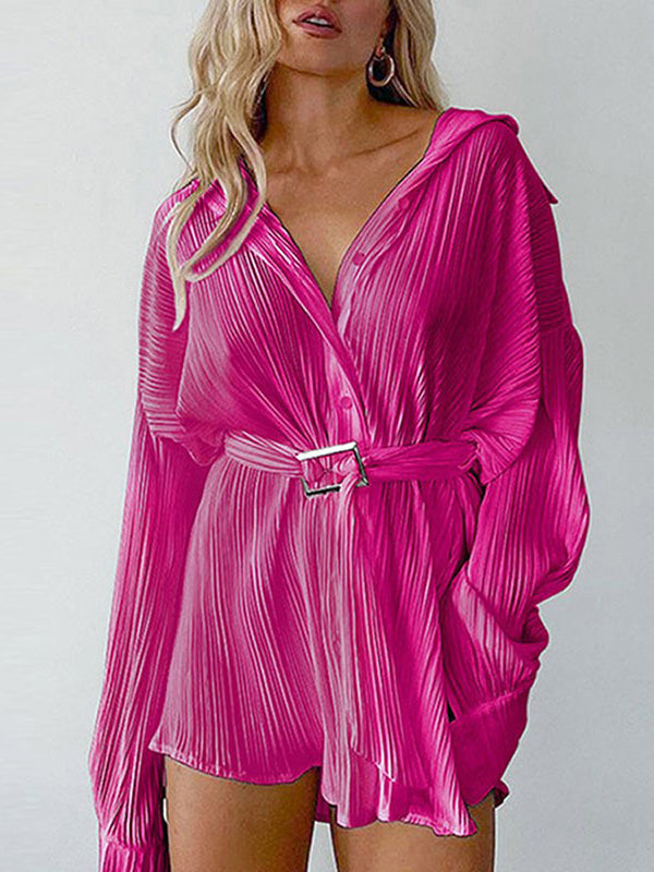 Long Sleeves Buttoned Pleated Solid Color Tied Waist Lapel Mini Dresses Shirt Dress