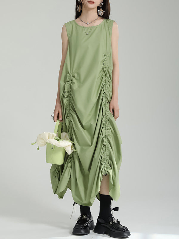 Loose Sleeveless Asymmetric Elasticity Pleated Solid Color Round-Neck Midi Dresses