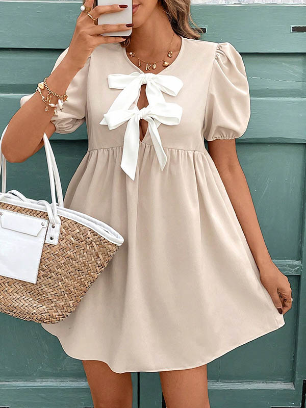 A-Line Loose Bowknot Elasticity Pleated Round-Neck Mini Dresses