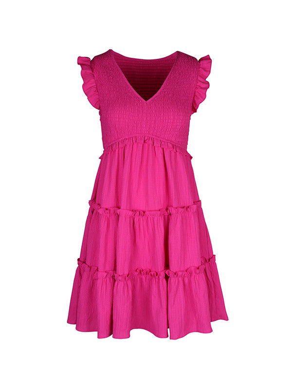 Loose Sleeveless Ruffle Trim Solid Color Split-Joint Deep V-Neck Mini Dresses