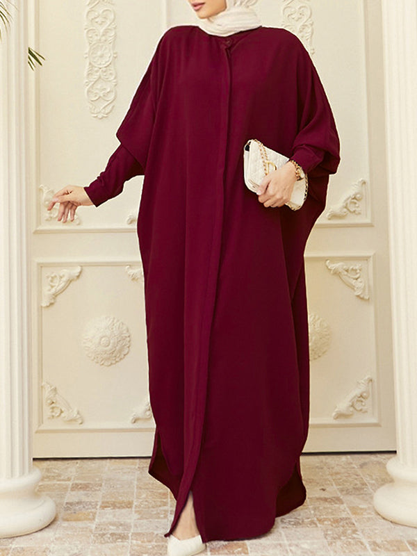 Batwing Sleeves Loose Buttoned Muslim Solid Color Split-Side Round-Neck Maxi Dresses