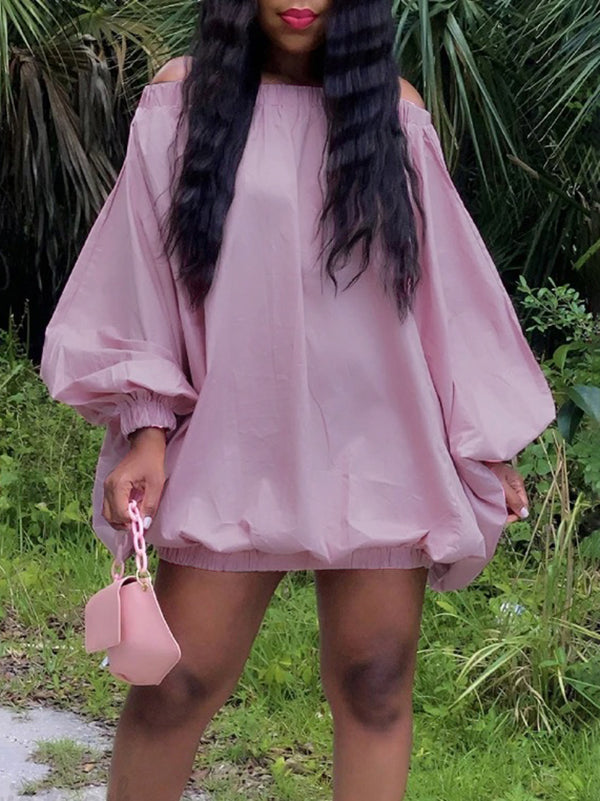 Long Sleeves Loose Elasticity Solid Color Off-The-Shoulder Mini Dresses