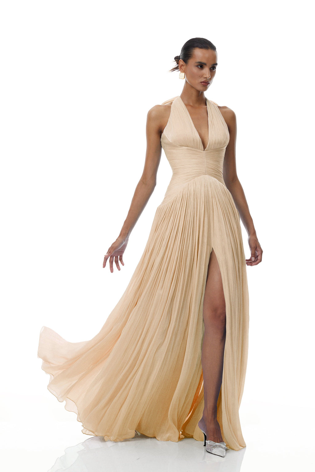 Térébenthine Neutral Glossy Gathered Maxi Dress