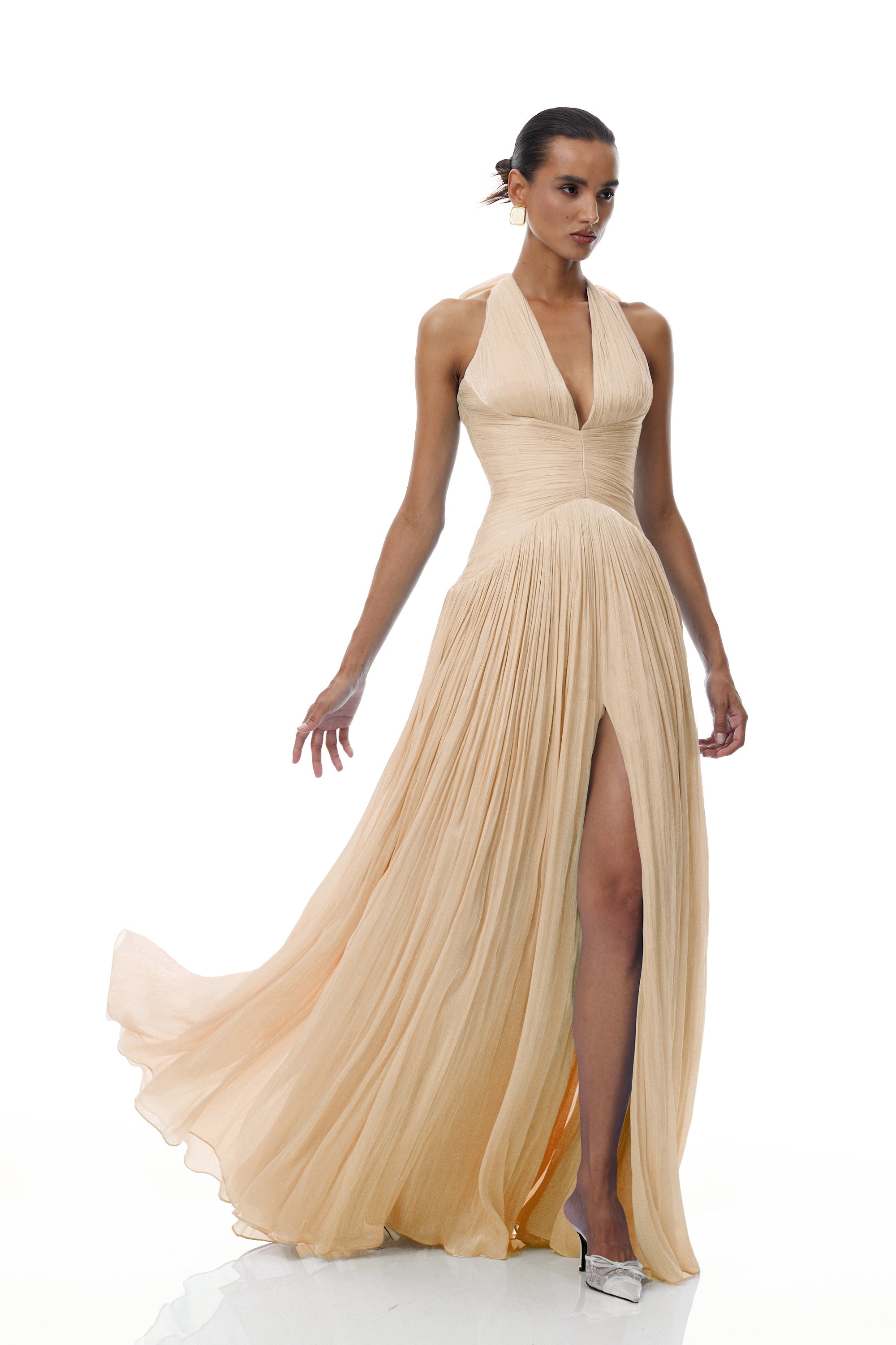 Térébenthine Neutral Glossy Gathered Maxi Dress