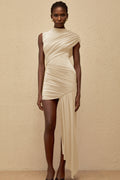 Fée Neutral Asymmetrical Ruched Mini Dress