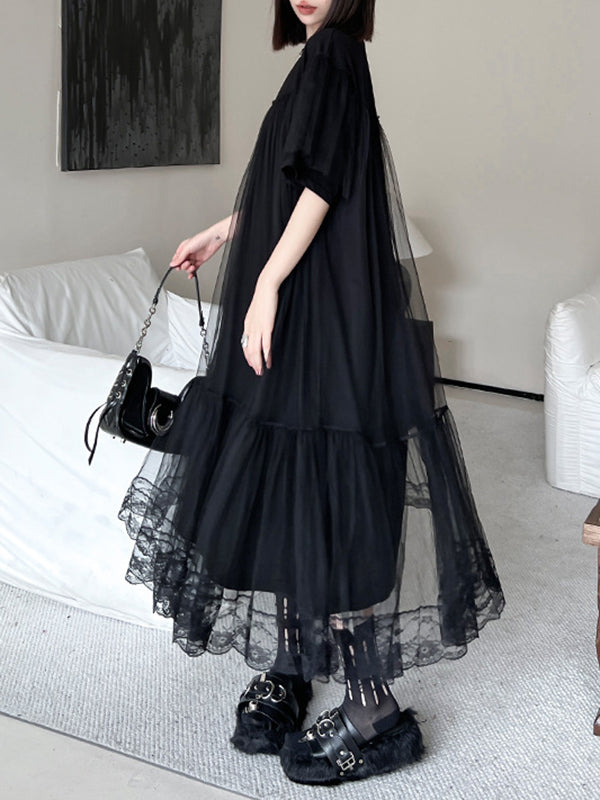 Fake Two-Piece Loose Gauze Pleated Solid Color Split-Joint Tiered Round-Neck Midi Dresses