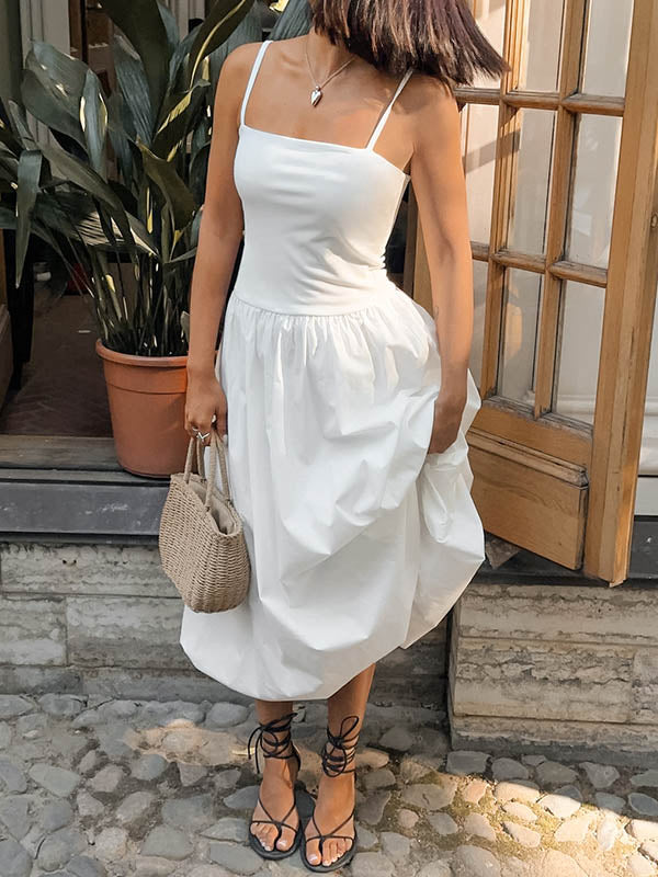 Loose Sleeveless Pleated Solid Color Split-Joint Spaghetti-Neck Midi Dresses