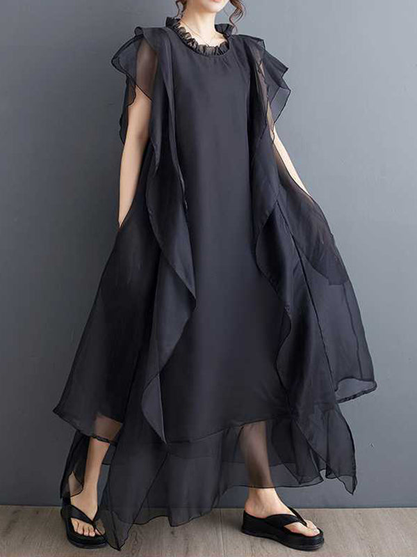 Loose Ruffle Sleeves Falbala Ruffled Solid Color Round-neck Midi Dresses