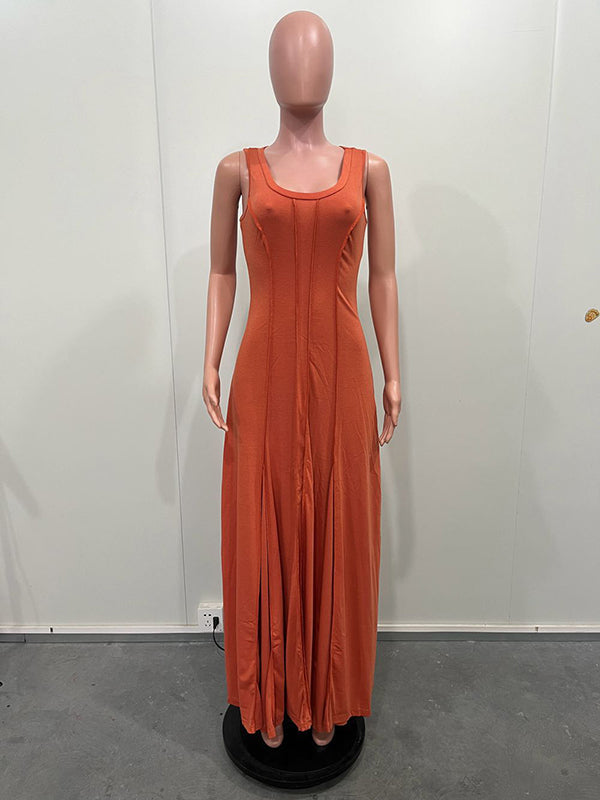 Plus Size Sleeveless Solid Color Split-Joint U-Neck Maxi Dresses