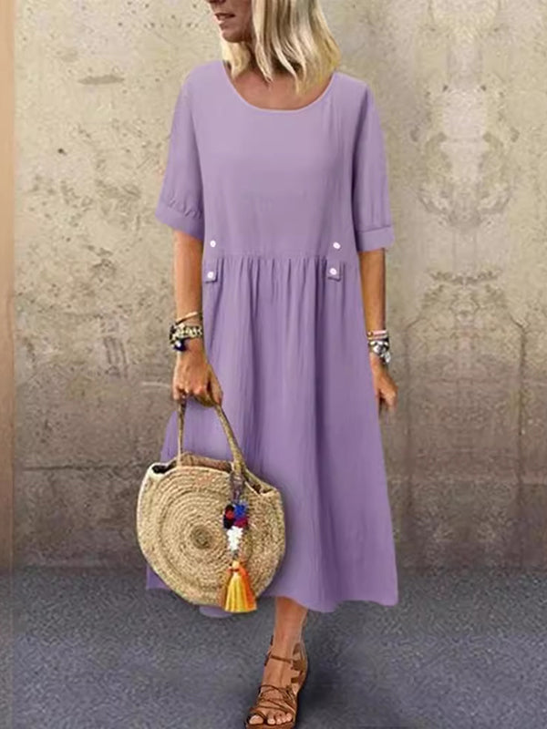 A-Line Loose Buttoned Pleated Round-Neck Midi Dresses