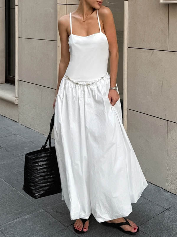 Loose Sleeveless Pleated Solid Color Split-Joint Spaghetti-Neck Midi Dresses