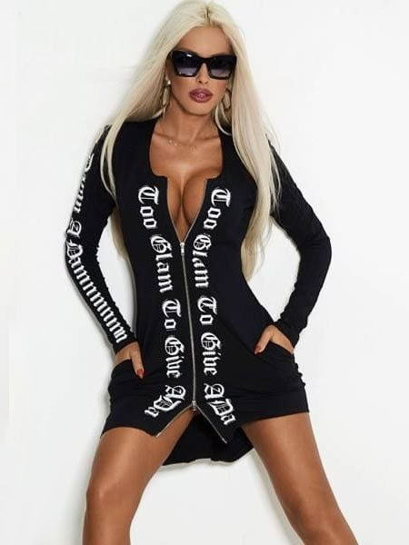 Letter Print Zipper Long Sleeves Mini Dress