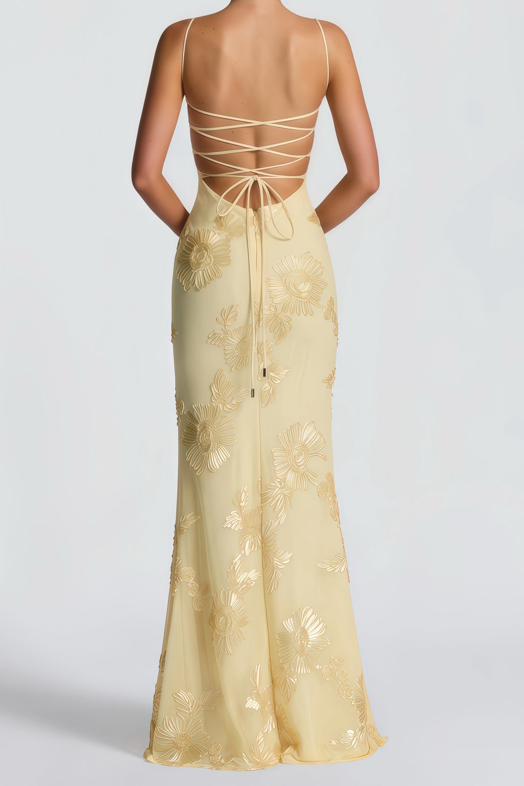 Théoline Yellow Floral Appliqué Corset Maxi Dress