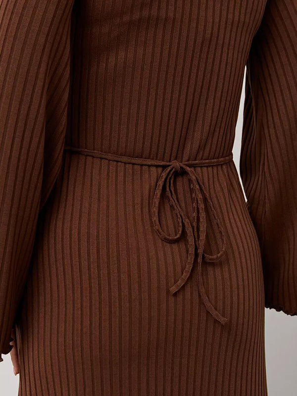 Long Sleeves Pleated Ruffled Solid Color Split-Joint Round-Neck Maxi Dresses