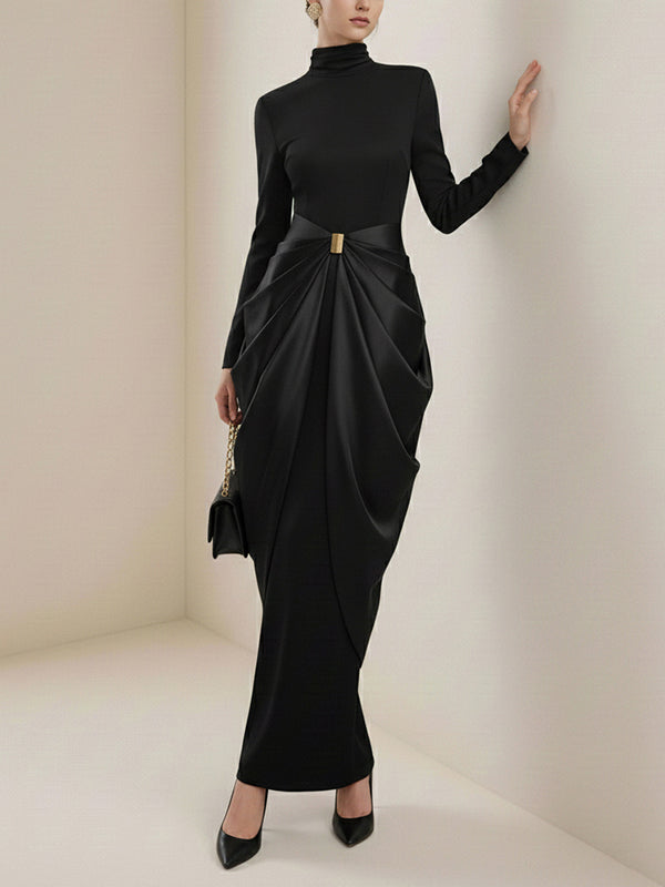 Long Sleeves Buckle Draped High-Neck Evening Dresses Maxi Dresses